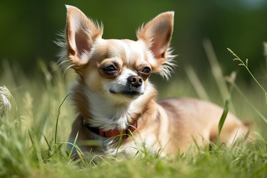 Image of chihuahua dog resting on green pasture grass on summer. Pet. Animals. Illustration. Generative AI.