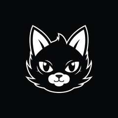 smiling black cat logo in black background, logo for pets shop, black and white illustration, logo design