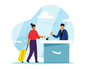 African girl tourist pays with cell phone for ticket at ticket office. Cartoon character paying for service using smartphone. Process of cashless payment. Vector illustration