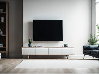 Mockup blank TV in room interior with sofa and green plants, Scandinavian Style, 3d render, generative AI