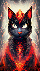 mystic cat like a phoenix. red and black colors.