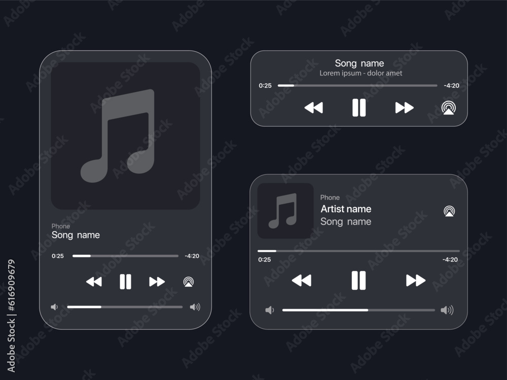 Wall mural set of music player interface mockup. steaming music and sound player mockups from small to big.