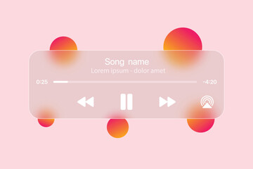 Small music player interface mockup in glassmorphism style. Vector streaming music player window with gradient circles on background
