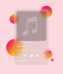 Big music player interface mockup in glassmorphism style. Vector streaming music player window with gradient circles on background