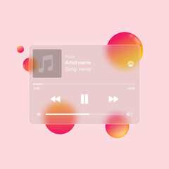 Music player interface mockup in glassmorphism style. Vector streaming music player window with gradient circles on background