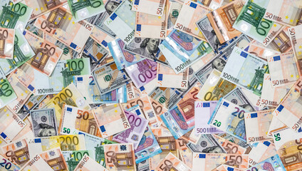 Two leading currencies - dollar and euro bills for desing