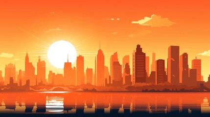 Sunset City: A minimalist cityscape with a setting sun casting a warm glow, alluding to the effects of a warming climate on urban areas | generative ai