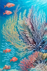 Fototapeta na wymiar tropical coral reef with fish under the sea illustration, AI generative