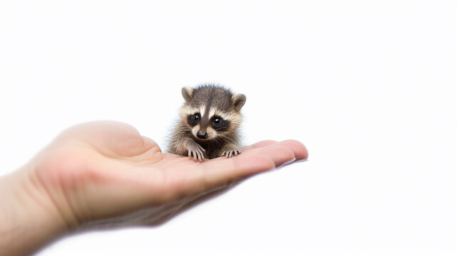 the smallest raccoon in the palm of your hand. generative AI. the concept of nature protection on a white background