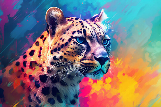 Vibrant and bright and colorful animal portrait poster. AI generated