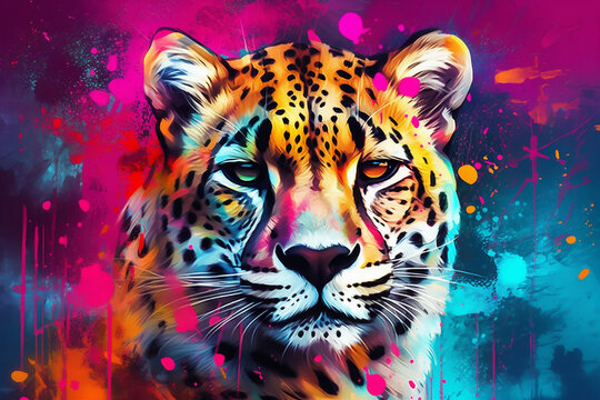 Vibrant and bright and colorful animal portrait poster. AI generated
