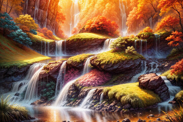 Nature landscape waterfall background, painting, Generative AI illustrations