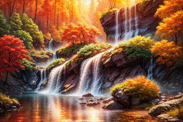Fototapeta na wymiar Nature landscape waterfall background, painting, Generative AI illustrations