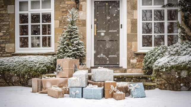 Christmas gifts delivery, postal service and holiday presents online shopping, wrapped parcel boxes on a country house doorstep in a snowing winter, generative ai