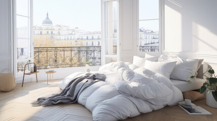 white down comforter on luxury bed in front of balcony