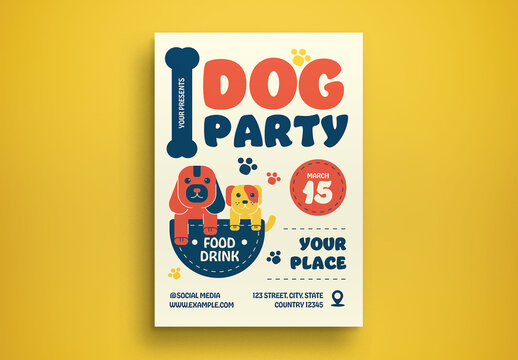 Blue Geometric Dog Party Flyer Layout