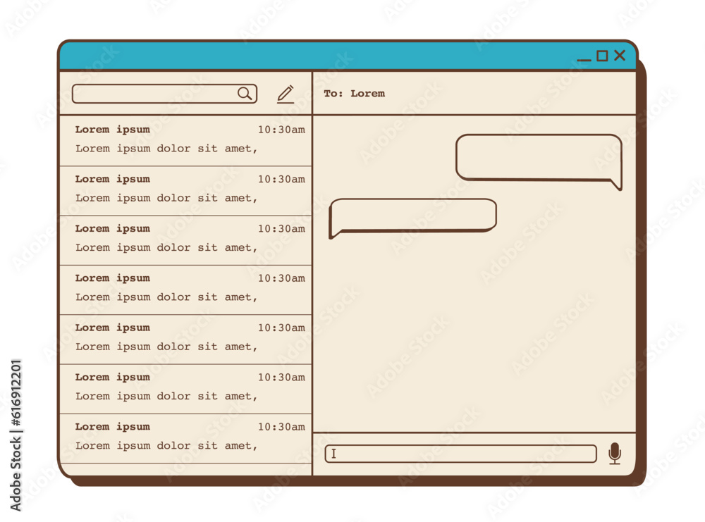 Poster aesthetic design for messenger app with vintage nostalgic ui. bubble speech with place for text, voi