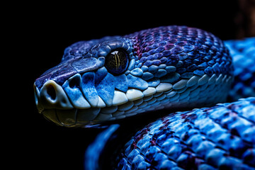 Close up detailed portrait ofblue vipet snake in nature. AI generated.