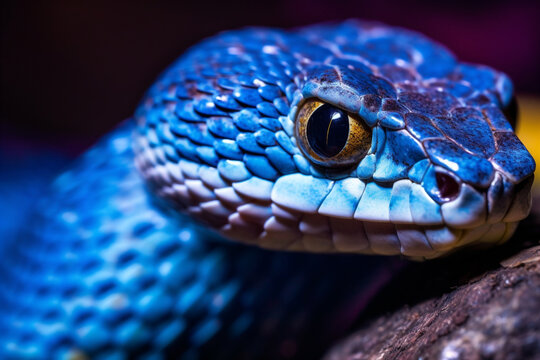 Close up detailed portrait ofblue vipet snake in nature. AI generated.