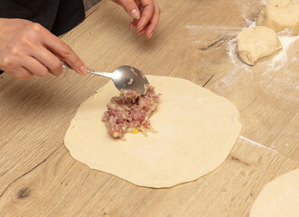 Preparing pizza dough with meat, onions and spices on wooden table