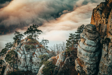 Majestic rocks with pine trees on the background of clouds in the sunset sky. - 616913017