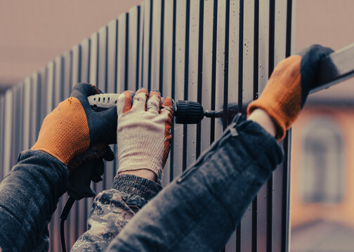 Workers Install A Metal Profile Fence