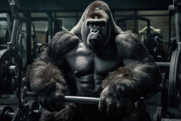 Naklejka na ściany i meble Gorilla working out in gym with heavy weights. Generative AI 9