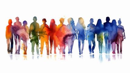Fototapeta multicolored spectrum silhouettes of people on a white background watercolor. Generative AI obraz