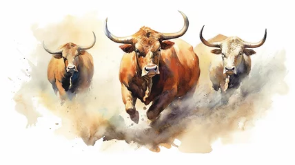 Zelfklevend Fotobehang watercolor drawing of a group of bulls running on a white background. Generative AI © kichigin19