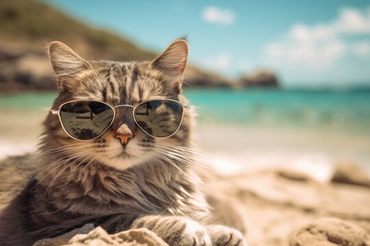 Cat with sunglasses on beach.