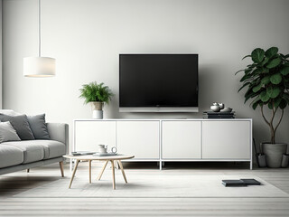 Mockup blank TV in room interior with sofa, plants, carpet, and coffee table, Scandinavian Style, 3d render, generative AI