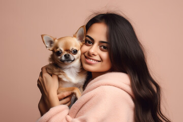 Young happy woman holding Chihuahua lap dog in front of one colored studio background.