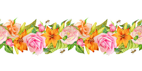 Watercolor illustration of a frame of roses and lilies hand drawn.For the design of cards, invitations,advertising