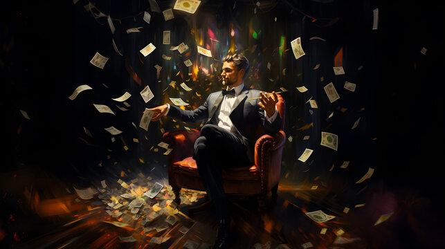 homme assis dans un fauteuil avec une pluie de billets de banque qui volent autour de lui, symbole de richesse - IA g&eacute;n&eacute;rative