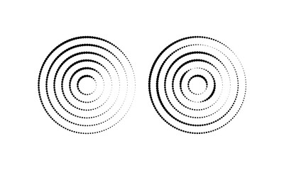 Circular ripples. Concentric circles with broken polka dot lines. Vortex, radio or sonar wave, soundwave, sunburst, signal icons isolated on white background