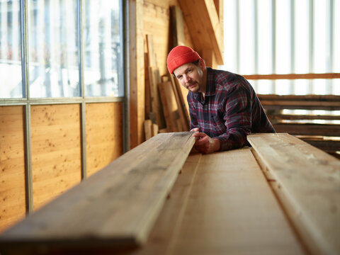 Smiling carpenter examining plank at workshop