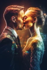 couple in love romantically hug and kiss. Book cover of romantic novel with double exposure. Generative AI illustration © alexkoral
