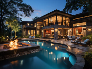 The backyard pool of this home has multiple pools and grills for home plans.