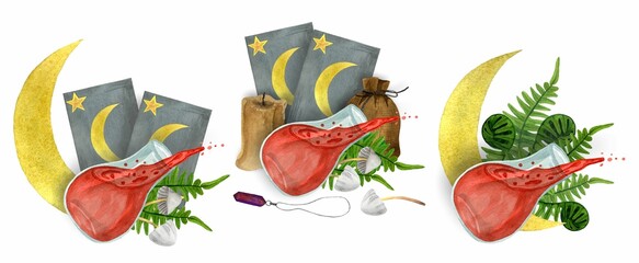 Set compositions magic potions with red liquid, toadstool mushrooms and ferns on the background of the month and tarot cards. Watercolor hand drawn illustration isolated on white background.