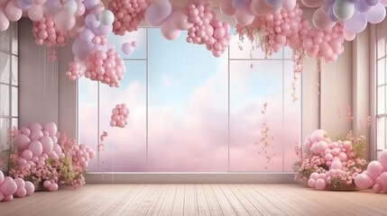 pink decor balloons in the room festive atmosphere copy space. Generative AI