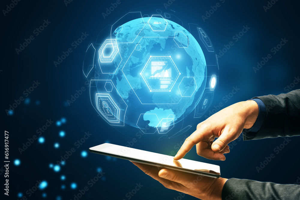 Poster close up of male hands using cellphone with digital business globe hologram on blurry background. gl