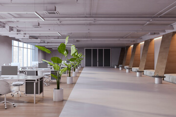 Modern coworking office interior with panoramic window and city view, equipment and furniture. 3D Rendering.