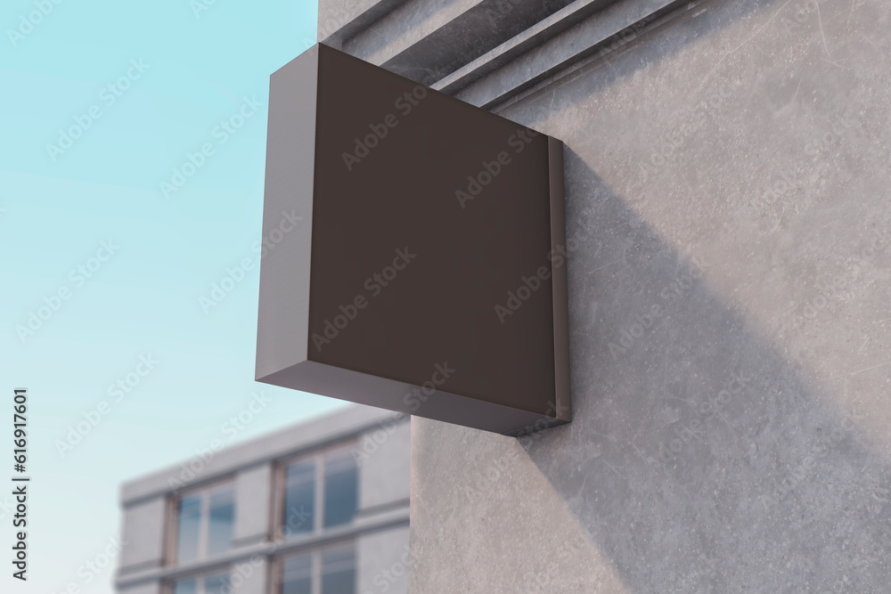 Poster Empty square black stopper on concrete building. Ad and sign concept. Mock up, 3D Rendering.