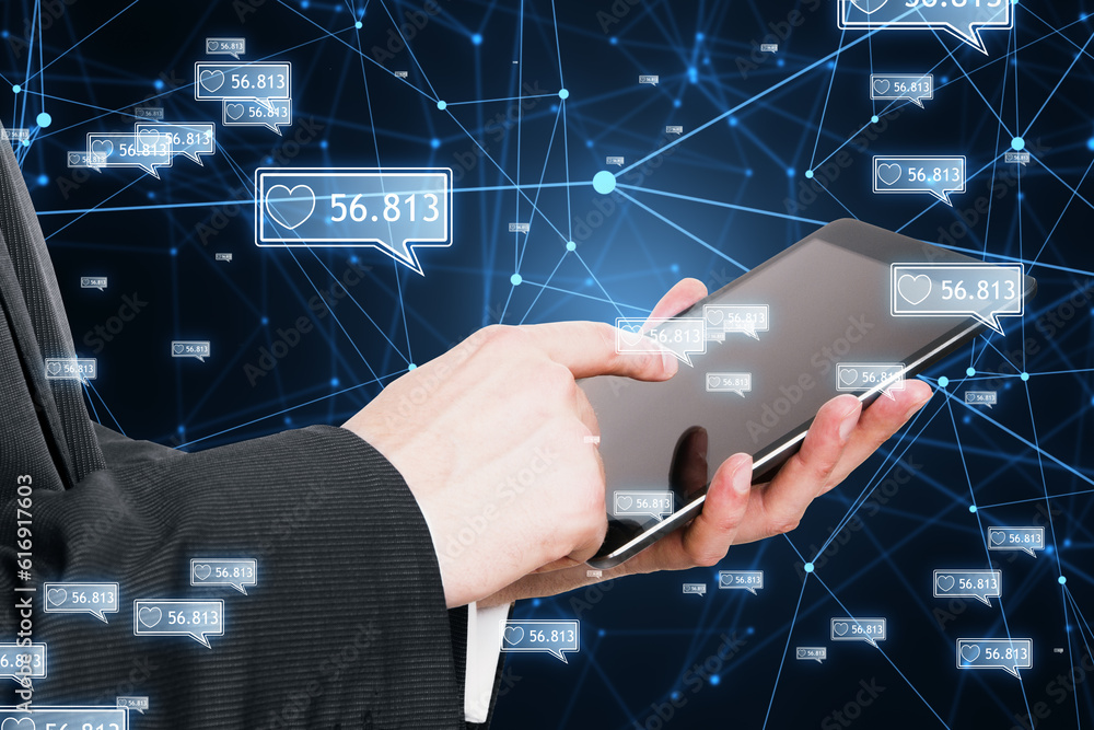 Poster concept of network and internet communication. close up of businessman hand using cellphone with cre