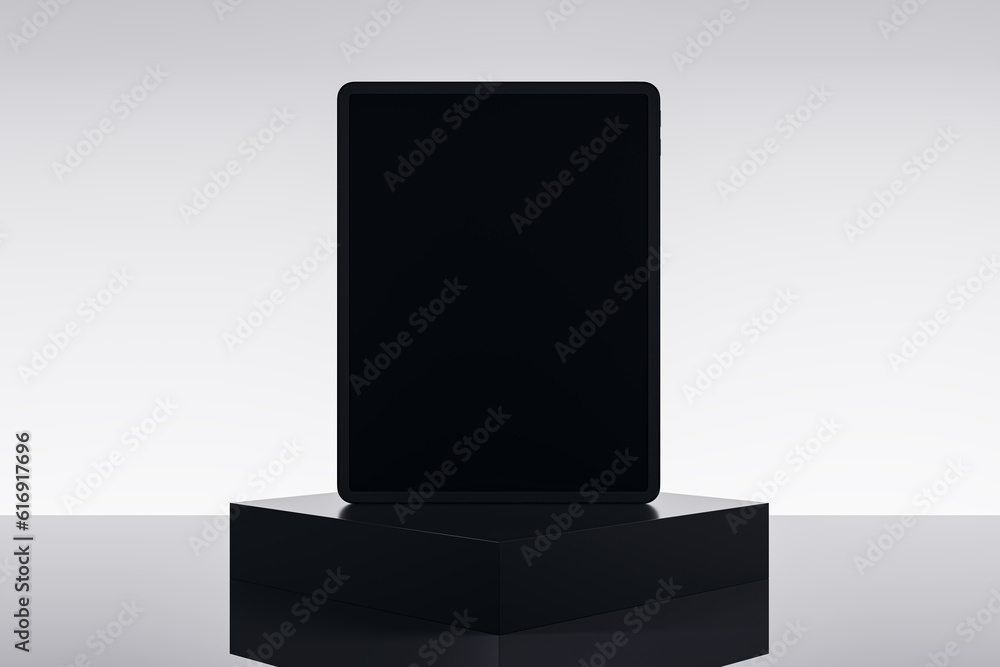 Aufkleber Empty tablet on pedestal and light background with mock up place. Product placement, technology presentation concept. 3D Rendering.
