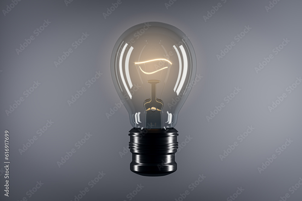 Poster Creative glass light bulb with reflections and mock up place on gray background. Idea, success and innovation concept. 3D Rendering.