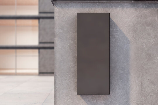 Blank rectangular black stopper on concrete building. Ad and sign concept. Mock up, 3D Rendering.