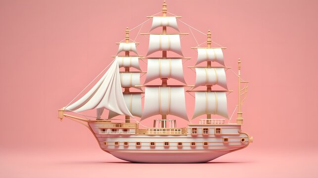 Barque ship model 3d. on pink background. generative ai