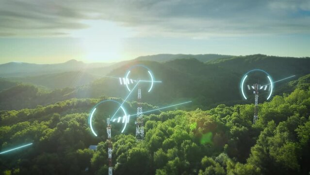Telecommunication towers in green clean forest area exchange network data through glowing lines