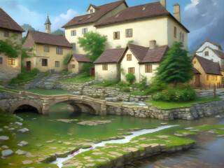 Fototapeta na wymiar European village from 17th century, Oil-Paint Effect, Generative AI Illustration